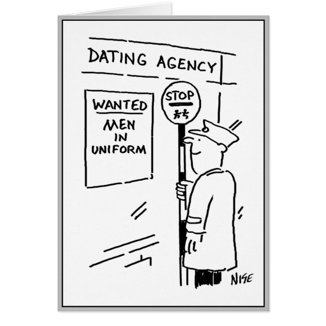 Mannen i uniform tittar för ett datum. hälsningskort (Framsidan)