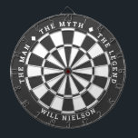 "Mannen, myten, legenden" | MÖRK GRÅTT Darttavla<br><div class="desc">Underbar gåva till killar. 2-färg-rityta (anpassadet färger) med kurvtexten överst: "MYTH" "DEN MAN" "DEN LEGEND" åtskild med diamantsymboler. Kurvtext på grund för mottagarens namn. Om du behöver hjälp med den här designen kan du skicka e-post till mig på help@customandcrafted.com</div>