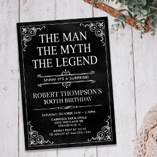 Mannen Myten Legenden Överraskning 100-årsdag Inbjudningar