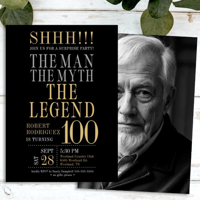Mannen Myten Legenden Överraskning 100-årsdag Inbjudningar (Skapare uppladdad)