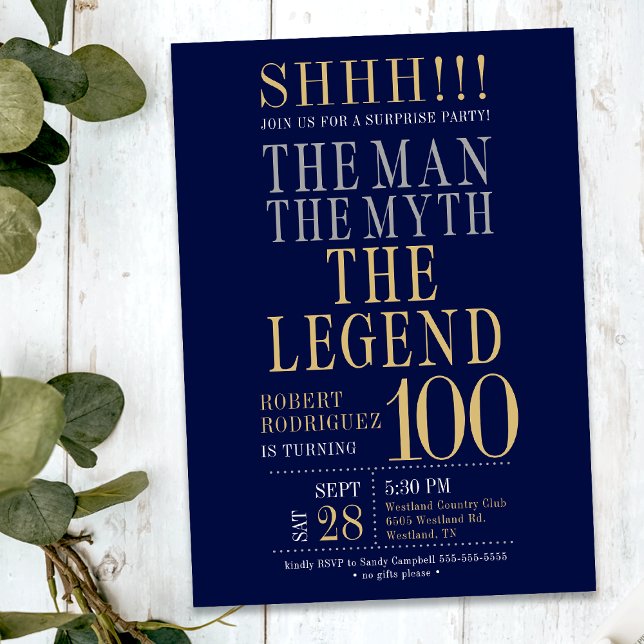 Mannen Myten Legenden Överraskning 100-årsdag Inbjudningar (Skapare uppladdad)