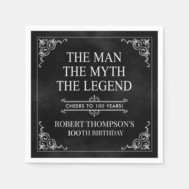 Mannen Myth the Legend 100 Birthday Black Pappersservett (Framsidan)