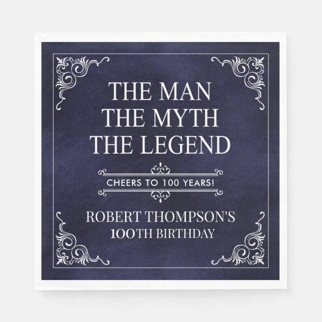 Mannen Myth the Legend 100 Birthday Blue Pappersservett (Framsidan)