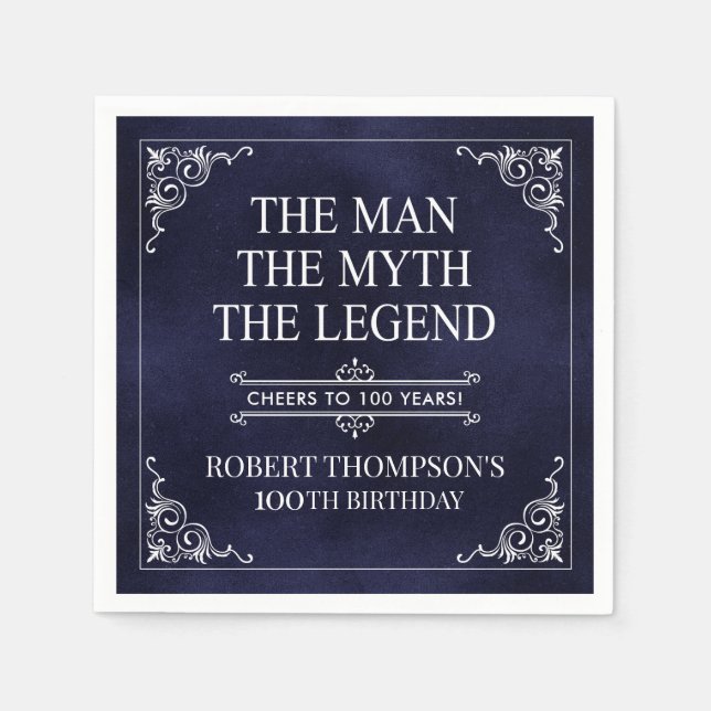 Mannen Myth the Legend 100 Birthday Blue Pappersservett (Framsidan)