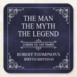 Mannen Myth the Legend 100 Birthday Blue Underlägg Papper Kvadrat