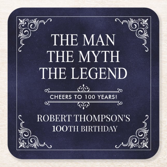 Mannen Myth the Legend 100 Birthday Blue Underlägg Papper Kvadrat (Framsidan)