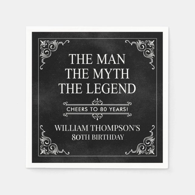 Mannen Myth the Legend 80 Birthday Black Pappersservett (Framsidan)