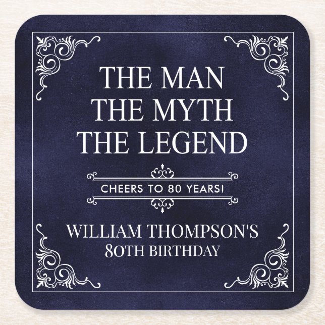 Mannen Myth the Legend 80 Birthday Blue Underlägg Papper Kvadrat (Framsidan)