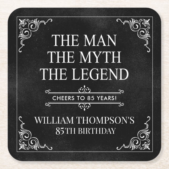Mannen Myth the Legend 85 Birthday Black Underlägg Papper Kvadrat (Framsidan)