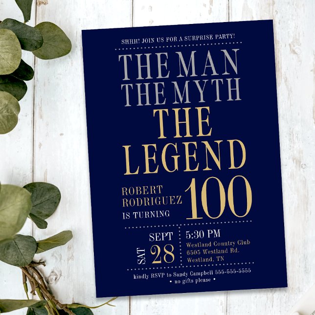 Mannen Myth the Legend Surprise 100 Birthday Inbjudningar (Skapare uppladdad)