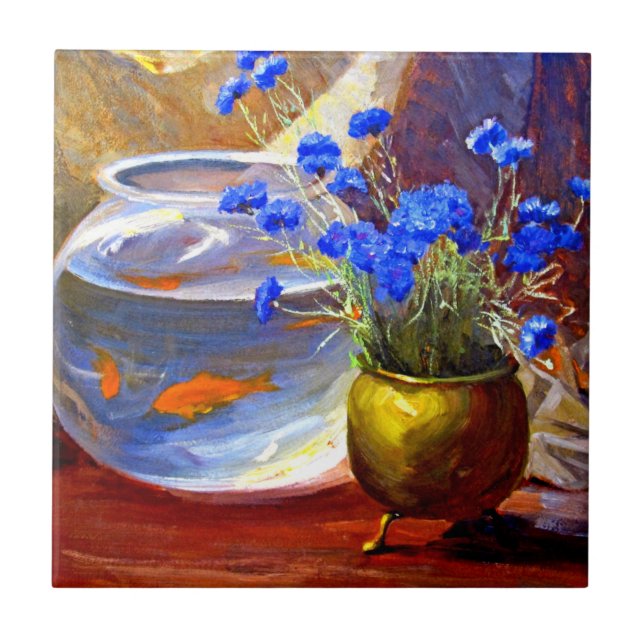 Mannheim - Guld fisk skål och blommor Kakelplatta (Framsidan)
