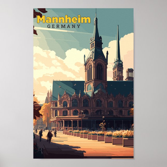 Mannheim Tyskland Travel Art Vintage Illustration Poster (Framsidan)