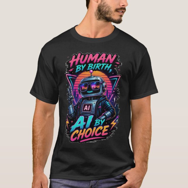 Människa av födsel AI av val Roligt neon robot  T Shirt (Framsida)