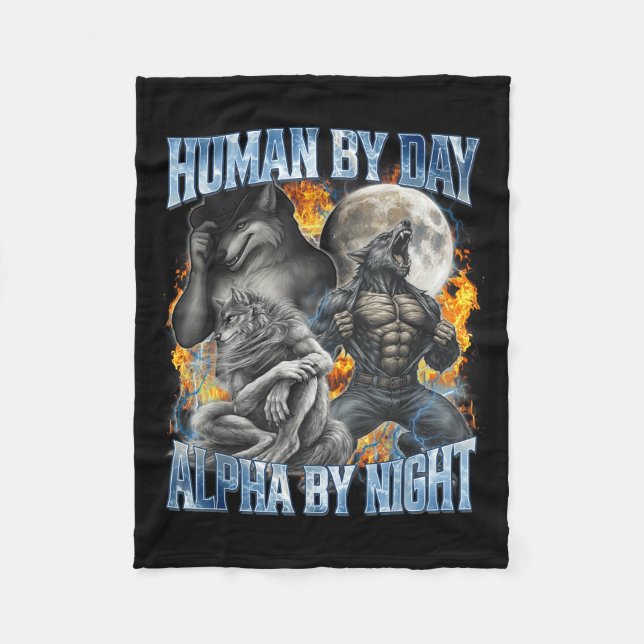 Människa Dag Alpha Natt Cool Rolig Alpha Varg  Fleecefilt (Framsidan)