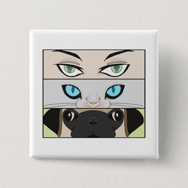 Människa, katt och Hund tittar på dig Knapp (Framsida)