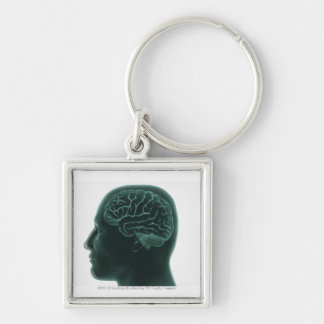Människahuvudet profilerar in visning hjärnan fyrkantig silverfärgad nyckelring