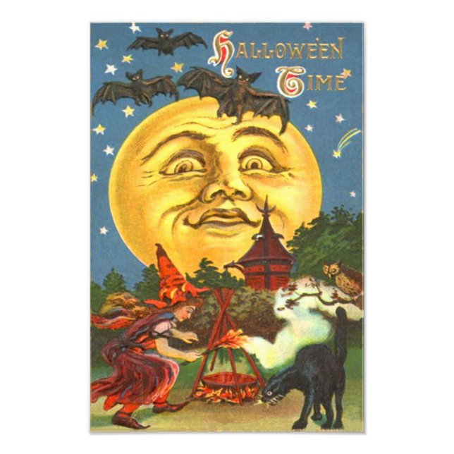 Människan i Måne Black Cat Witch Fladdermus Full M Fototryck (Framsidan)