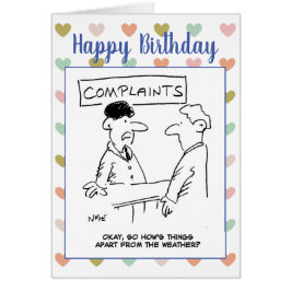 Människan klagar över vädret på klagomålsskrivbord hälsningskort