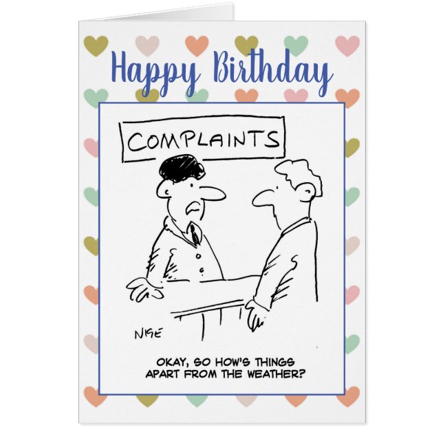 Människan klagar över vädret på klagomålsskrivbord hälsningskort (Framsidan)