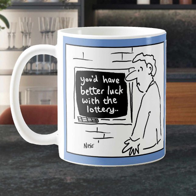 Människan vid Pengarar Maskin får Lottery Message. Kaffemugg (Skapare uppladdad)
