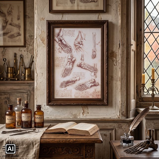 Människans anatomi Fötben av Leonardo da Vinci Poster (Human Anatomy Foot Bones by Leonardo da Vinci is a Renaissance Era medical sketch.)