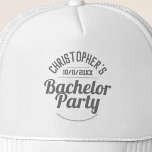 Människans Bachelor Party-Truckerkeps Keps<br><div class="desc">Att fira ett Bachelor-parti. Designad för någon som har ett "Bachelor Party"! Manar med datum för party. Bachelor Party-mössa. Lägg till namn för den person vars party det är. Bachelor Party baseball sockel.</div>