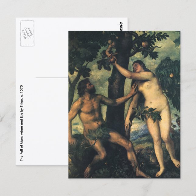 Människans fall. Adam och Kväll av Titian Vykort (Fram/baksida)