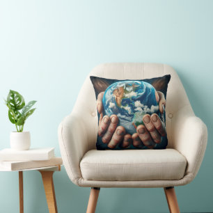 Människans Händer Holding Planet Earth Kudde