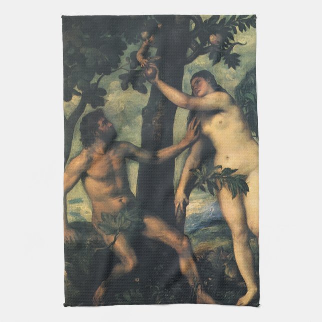 Människofallet; Adam och Eva av Titian Kökshandduk (Vertikal)
