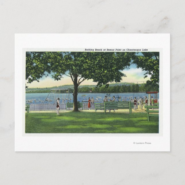 Människomassor på stranden och parken på Chautauqu Vykort (Framsida)