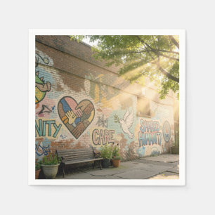Människor Symboliskt Graffiti På Tegelvägg Mural Pappersservett