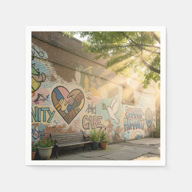 Människor Symboliskt Graffiti På Tegelvägg Mural Pappersservett (Framsidan)
