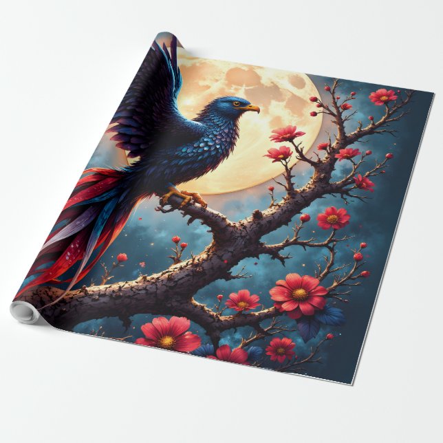 Månpraktfull Crimsonwing – Mystisk Fantasifågel. Presentpapper (Utrullad)