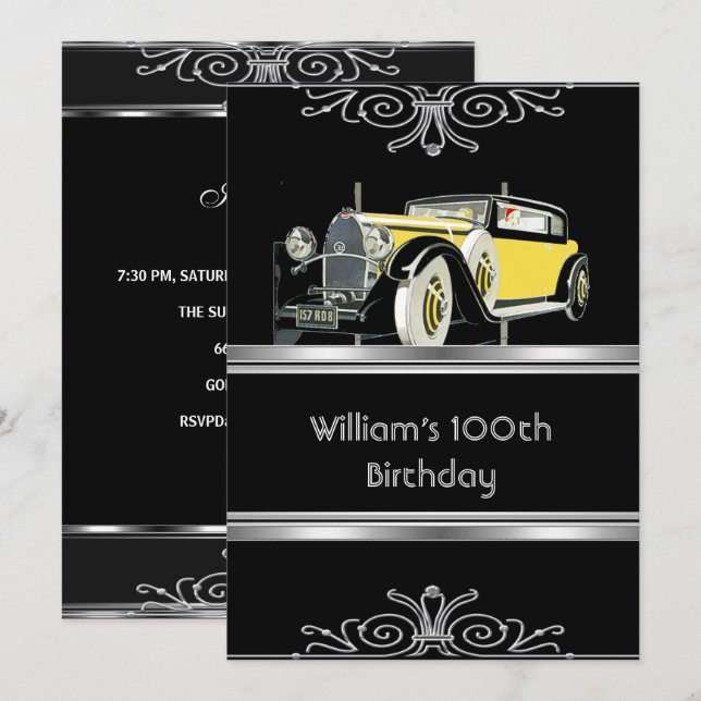 Mans 100-årsfirande Svart Vintagebil Inbjudningar (Fram/baksida)