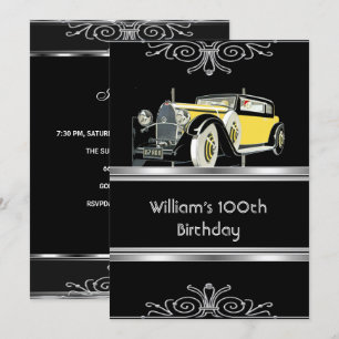 Mans 100-årsfirande Svart Vintagebil Inbjudningar