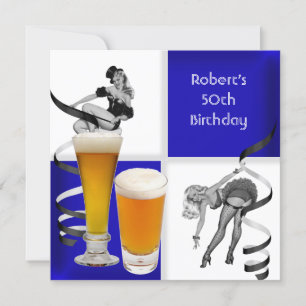 Mans 50-årsdag Blå Kryss Retro Flick Beer Inbjudningar