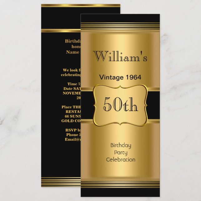 Mans 50-årsfest Gold Black Vintage Inbjudningar (Fram/baksida)