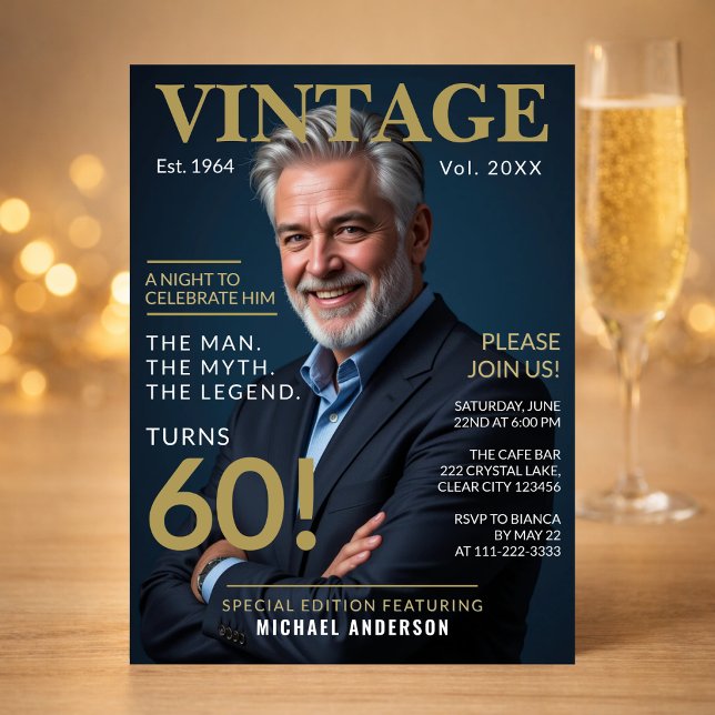 Mäns 60-årsfestinladan inbjudningar (Elegant navy gold 60th birthday invite styled for a refined and memorable evening celebration)