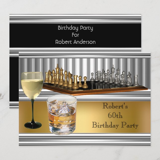 Mäns 60-årsfirande Schackset Metall Guld Inbjudningar (Fram/baksida)