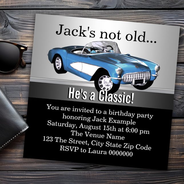 Mans Blå Antik Bil Födelsedagsfest Inbjudningar (Classic car any number birthday invitation. All text, fonts and wording can be changed as needed.)