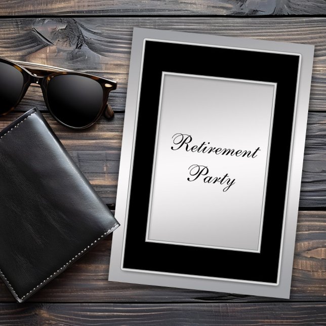 Mans Black Silver Pension Party Inbjudningar (Mans classic retirement party invitation. All text, font and wording can be changed for your event.)