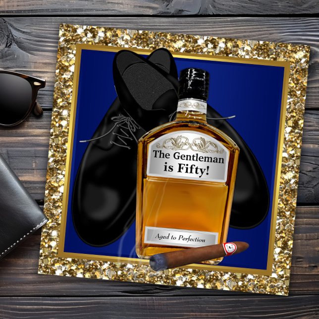 Mans Blue Guld Åldras to Perfection Födelsedagsfes Inbjudningar (Mans any number birthday invitation. You can change all text, fonts and wording for your event.)