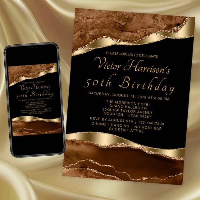 Mans födelsedagsfest Brun Svart Guld Agat Inbjudningar (Brown gold any occasion invitation. Instant download and printed invitations available.)