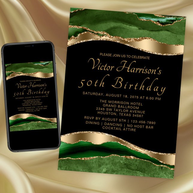 Mans födelsedagsfest i smaragdgrönt och guldagat inbjudningar (Emerald green gold any event invitation. Instant download and printed invitations available.)
