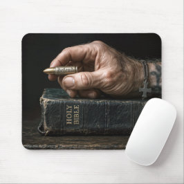 Mans hand på en Bibel som håller en kula Musmatta