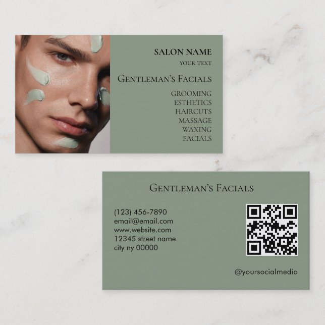 Mans hudvård ansiktsbehandlingar QR-kod Visitkort (Fram/baksida)