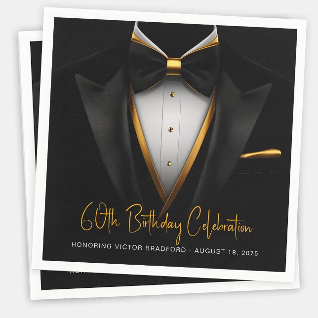 Mäns Klassisk Svart Guld Smoking Födelsedag Pappersservett (Mens black and gold tuxedo paper napkins for birthdays, corporate parties, retirements, etc. )