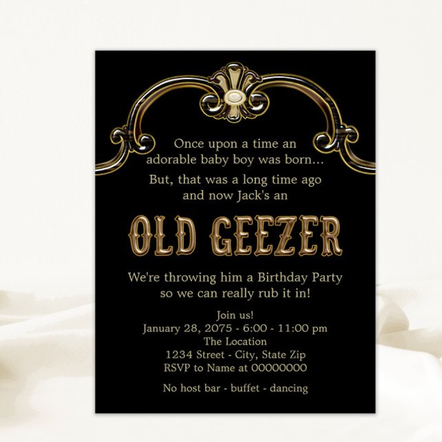 Mans Old Geezer-Födelsedagsfest Inbjudningar (Man's funny old geezer birthday party invitation. Simply add your event details to this fun design.)