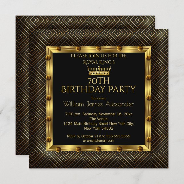 Mans Photo 70:e Födelsedagsfest Krona Guld Chevron Inbjudningar (Fram/baksida)