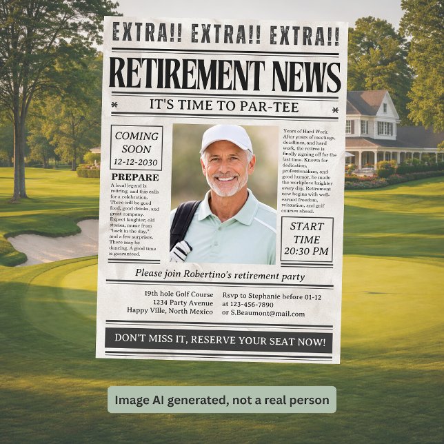 Mans roliga golf-tidning foto pensionsfest  inbjudningar (Skapare uppladdad)